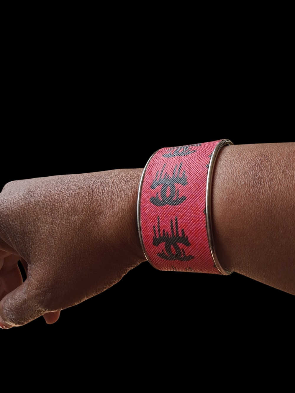Wide Red Patterned Cuff Bracelet with Gold Trim